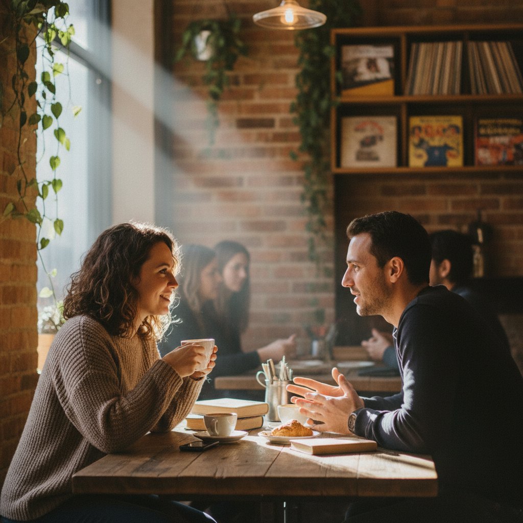 Autentyczna rozmowa pary w kawiarni, szczerość, kontakt wzrokowy, słowa kluczowe: autentyczność, szczerość, porady randkowe