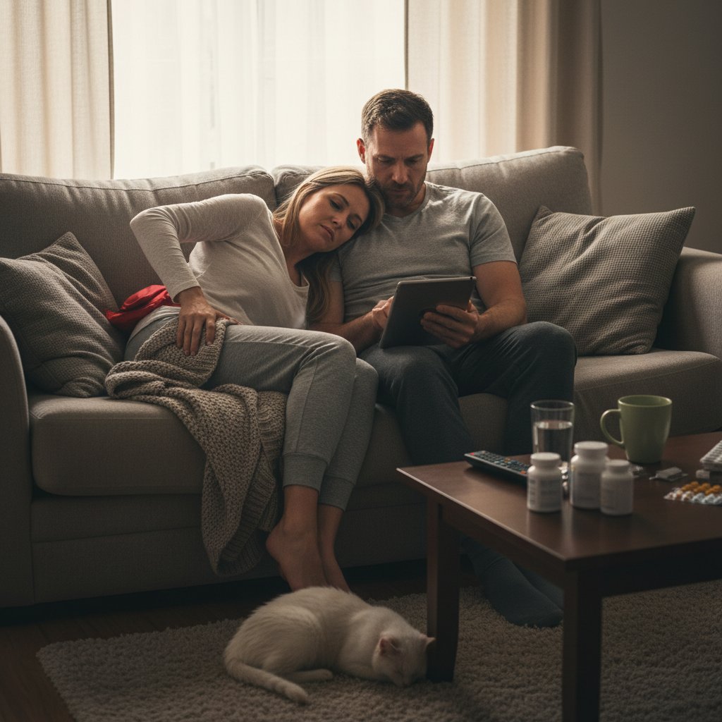 Para w domu, jedno z partnerów wyraźnie wyczerpane bólem, drugie okazuje troskę i wsparcie