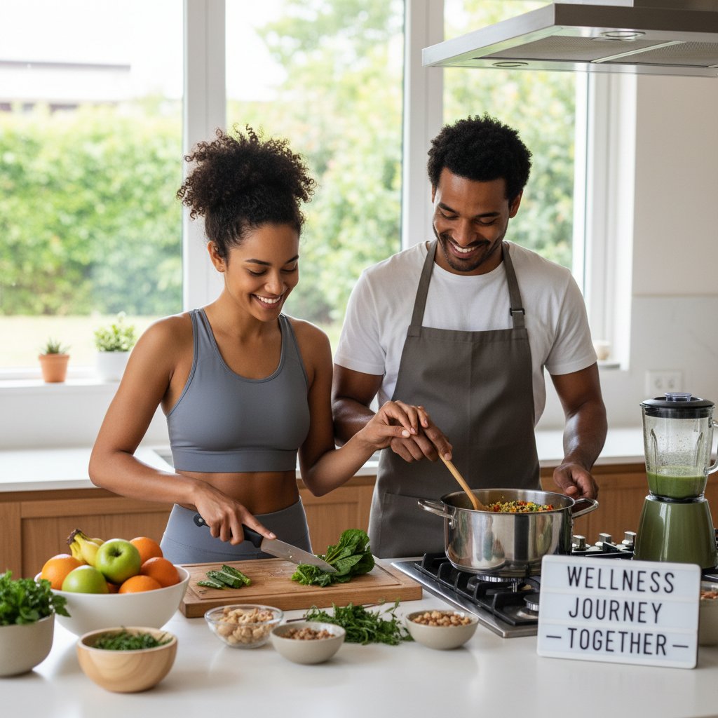 Młoda para gotująca warzywa razem, wspierają się podczas detoksu