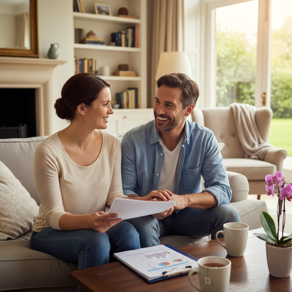 Para rozmawiająca przy stole, przeglądająca wyniki badań i planująca dalsze kroki, domowa atmosfera, nadzieja i spokój