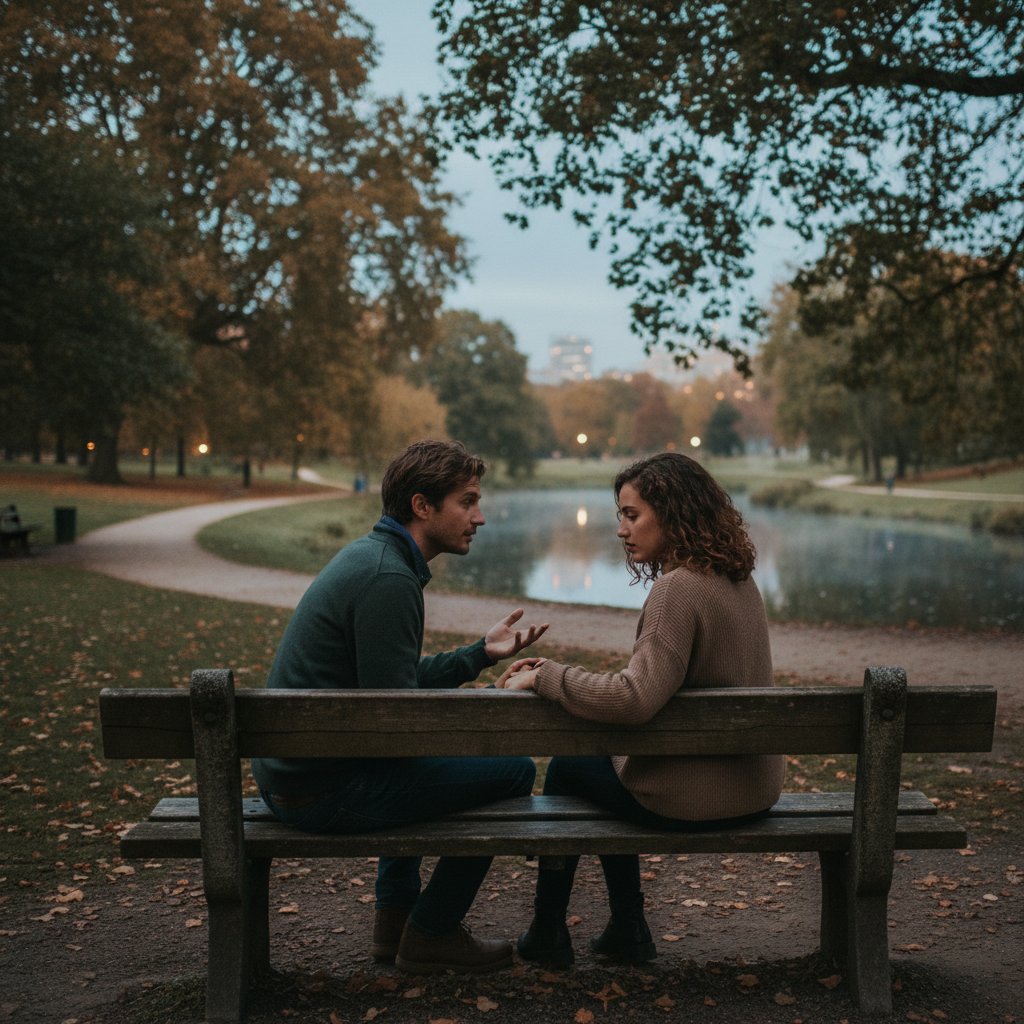Couple discussing relationship problems in a peaceful outdoor setting, walking in a park at dusk, calm conversation