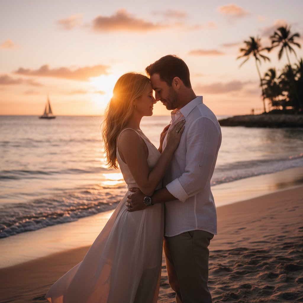 Paar umarmt sich im Sonnenuntergang, Symbol für emotionale Nähe über alle Grenzen hinweg