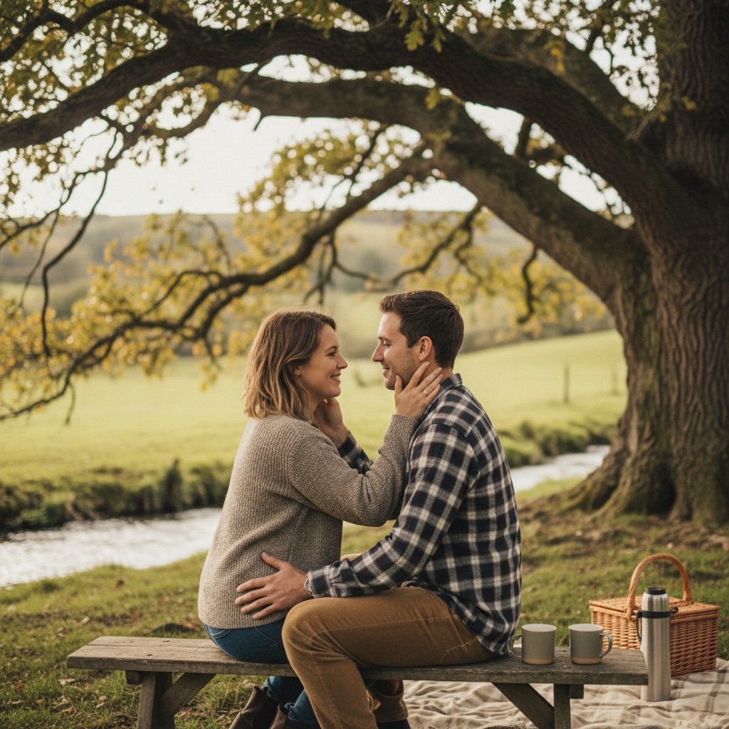 Couple sharing a genuine moment, no technology in sight, representing authentic connection