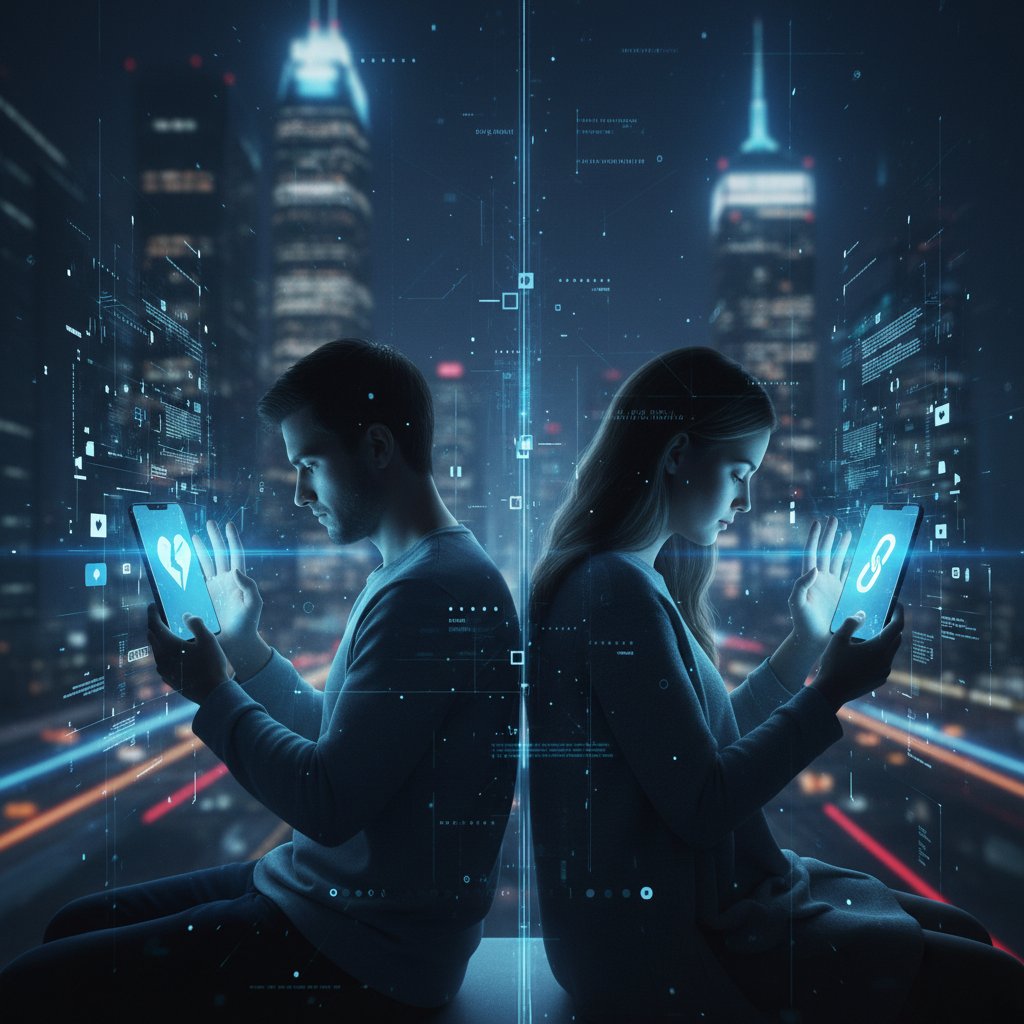 Digital barriers between partners, couple separated by glass wall, both lit by phone screens, visualizing relationship intimacy problems solutions