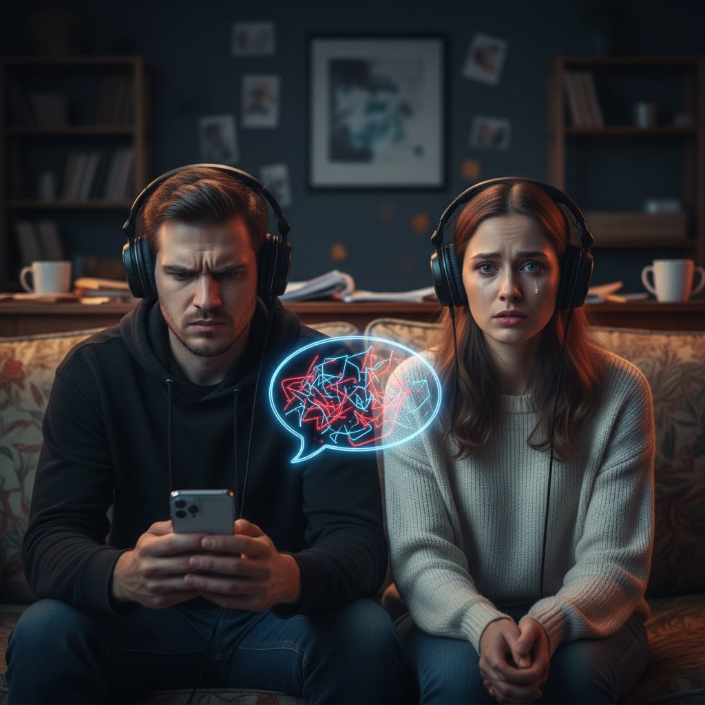 Para rozmawiająca przez słuchawki, atmosfera napięta, wyraźny kontrast emocji