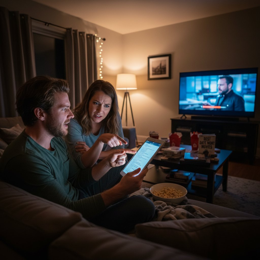 Couple in heated discussion after documentary, living room at night, best date night movies