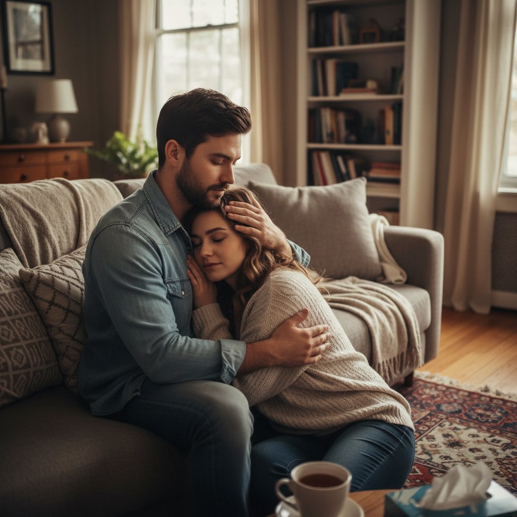 Para obejmująca się w salonie, wyraźne wsparcie emocjonalne, domowa atmosfera