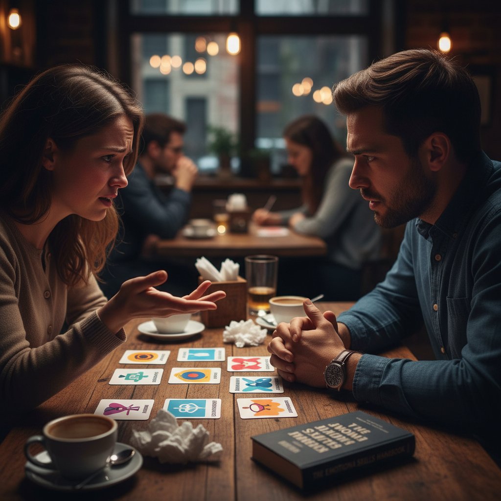 Para w trakcie intensywnej rozmowy przy stole, emocjonalne napięcie, umiejętności DBT w praktyce