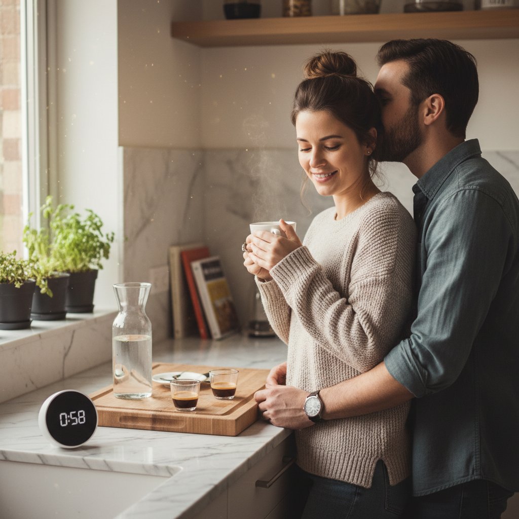 Couple sharing an intimate three-minute ritual in their kitchen, showing love amidst work chaos