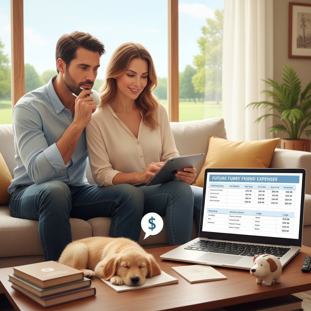 Młoda para analizująca koszty utrzymania psa na laptopie – porównanie wydatków