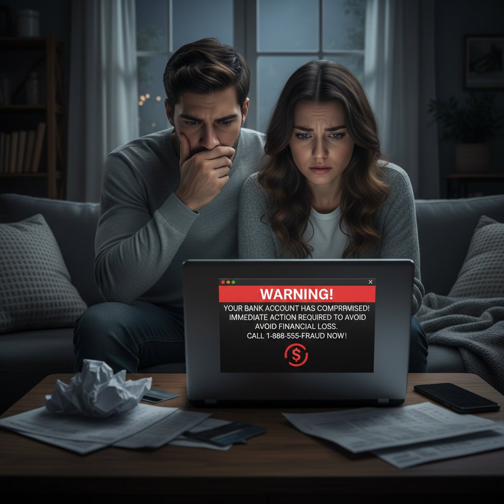 Para patrząca z niepokojem na ekran laptopa, na którym pojawia się komunikat ostrzegawczy, w tle domowe wnętrze