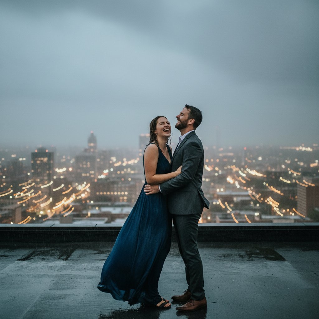 Para śmiejąca się na deszczowym dachu, z widokiem na miasto, naturalna chemia i romantyczna atmosfera