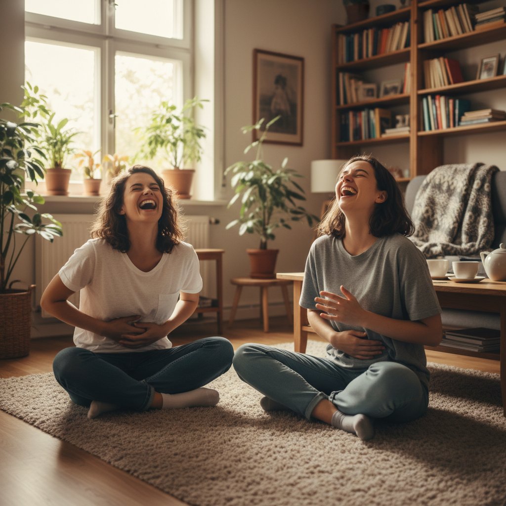 Para podczas ćwiczenia śmiechu w domu, autentyczna atmosfera, śmiechoterapia samodzielna