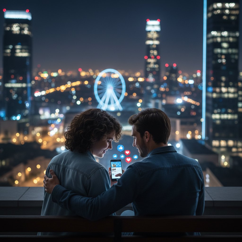 Para oglądająca ekran telefonu, Instagram, fałszywe obrazy miłości