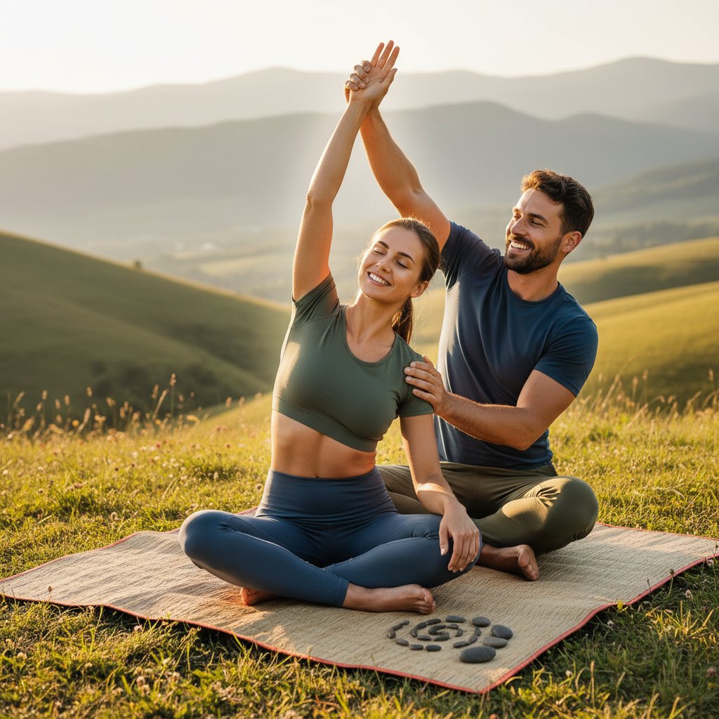 Para ćwicząca relaksację mięśniową na świeżym powietrzu, pogodne twarze, odprężenie, związek ciało-umysł