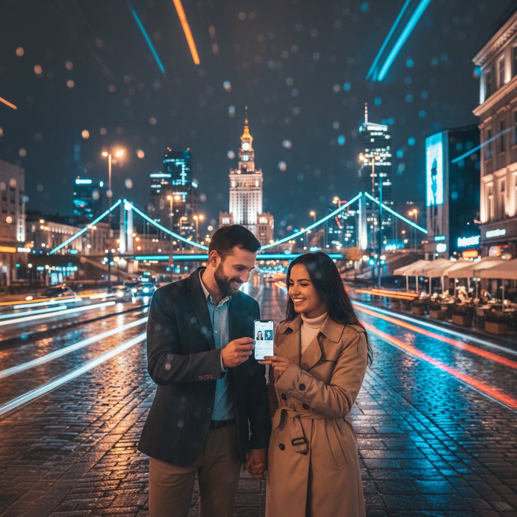 Para korzystająca z aplikacji randkowej, Warszawa, noc, światła miasta