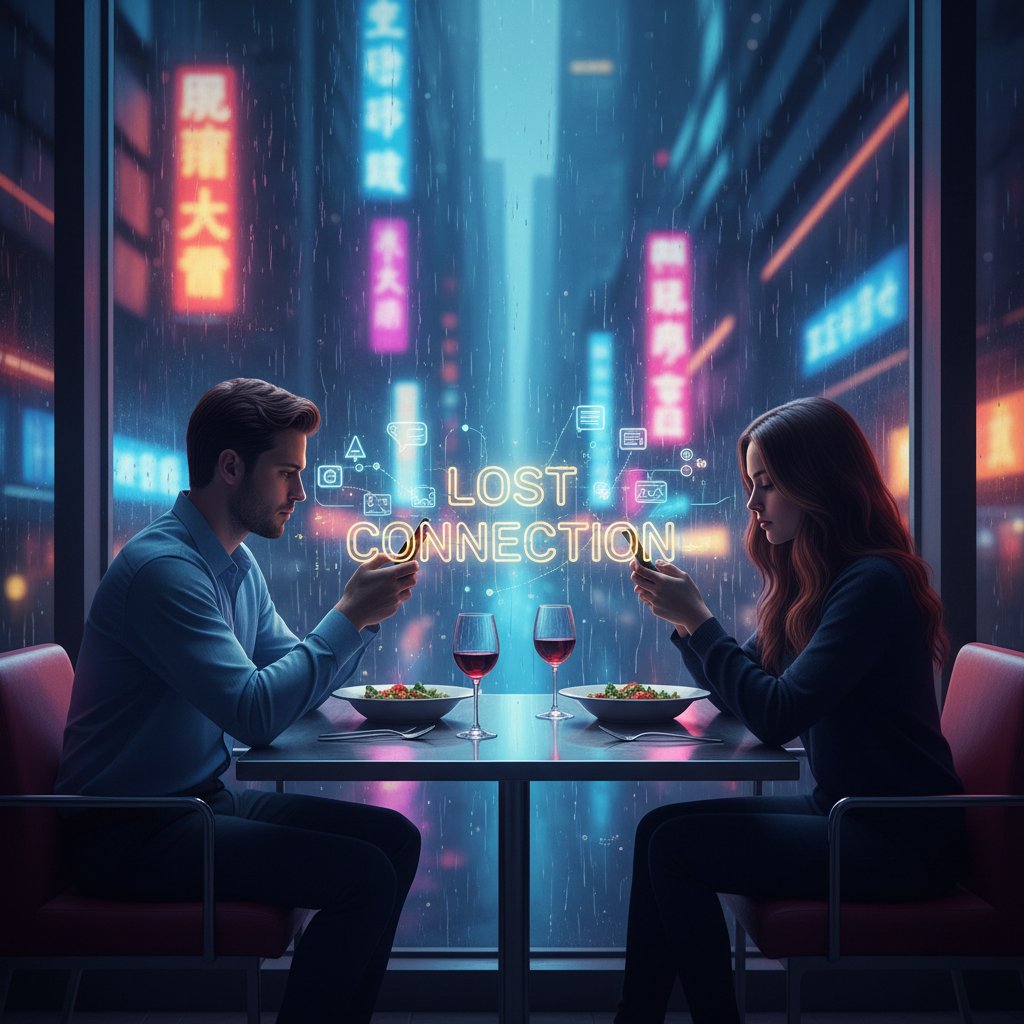 Couple on couch both staring at phones, emotional distance palpable, neon city light through window, relationship conflict