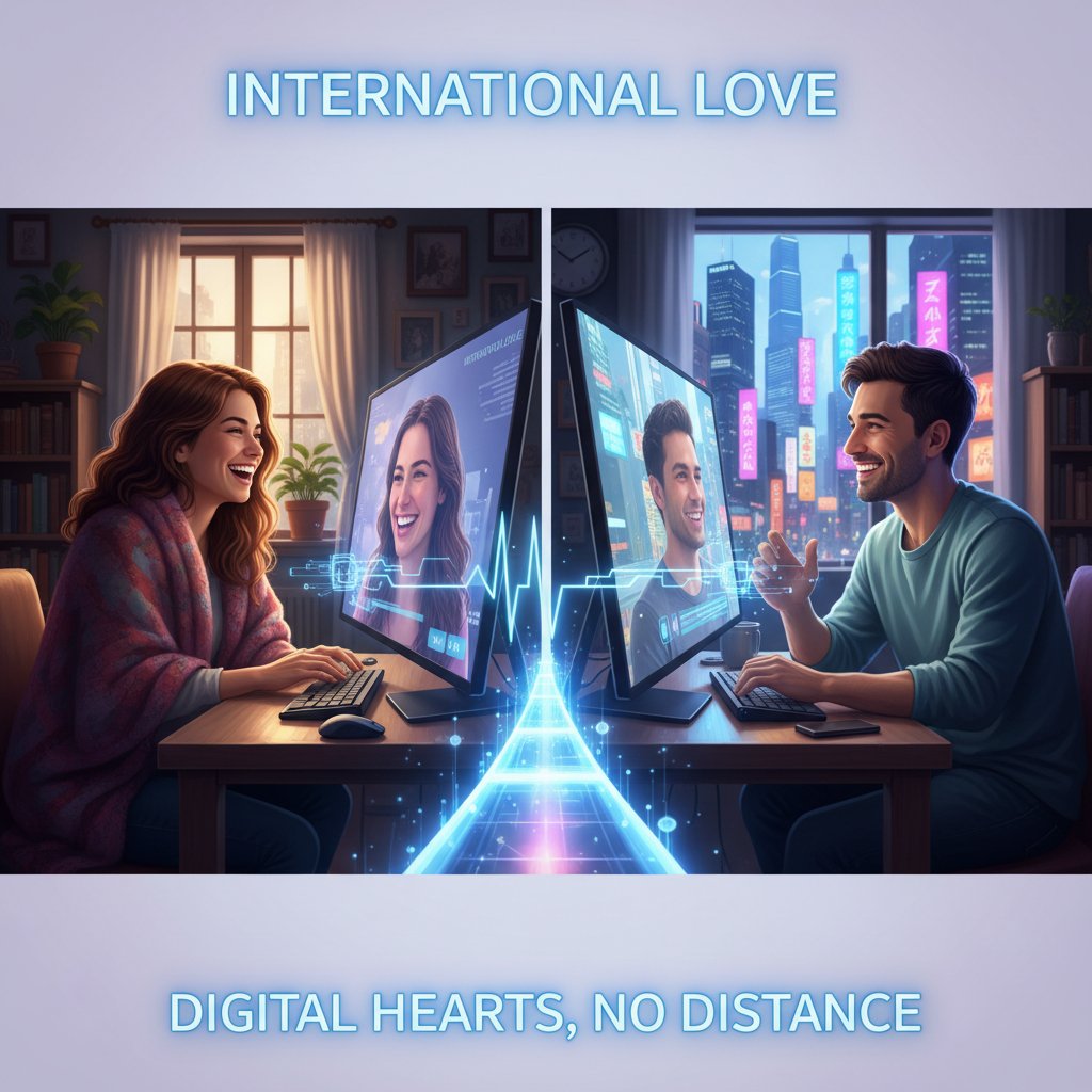 Paar sitzt getrennt vor Bildschirmen, verbindet sich digital über Videochat, internationale digitale Liebe, Fernbeziehung