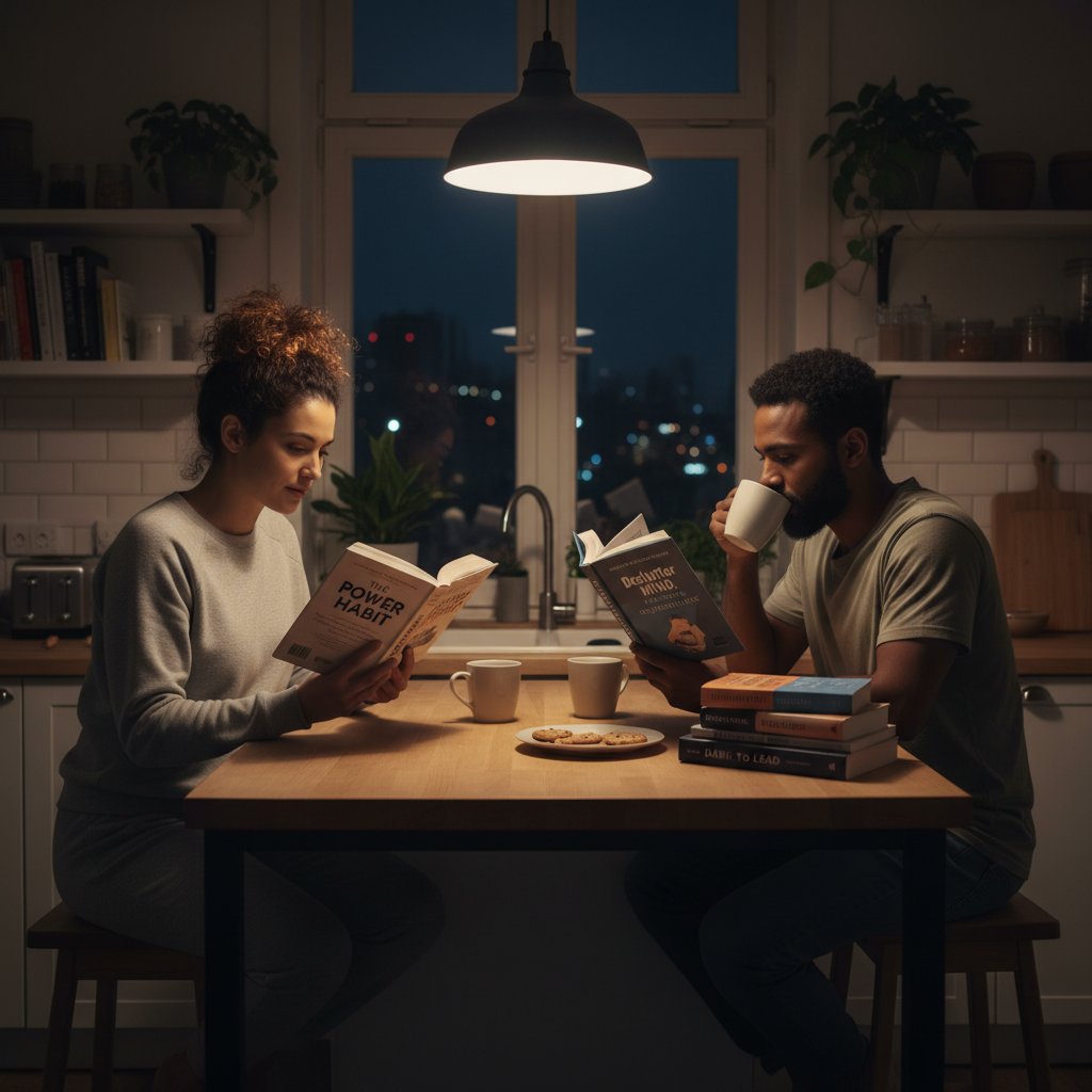 Couple sitting back-to-back surrounded by open self-help books, symbolizing the emotional toll of rigid advice
