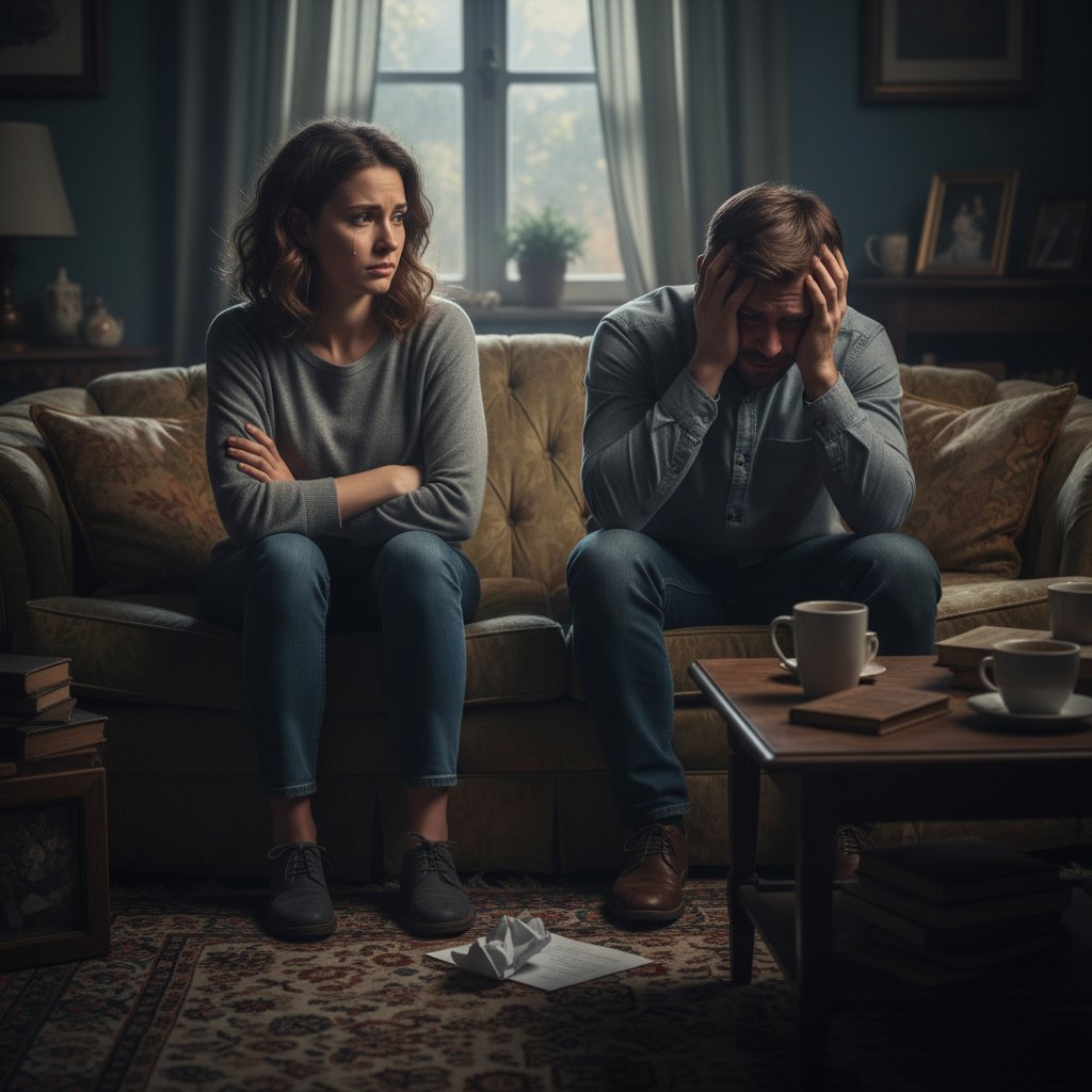 Para siedząca w milczeniu na kanapie, wyraźne napięcie emocjonalne, domowy klimat
