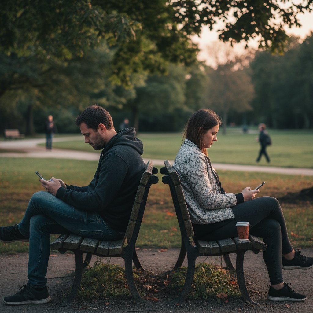 Para siedząca daleko od siebie z telefonami w dłoniach, cyberzdrada, napięcie w relacji