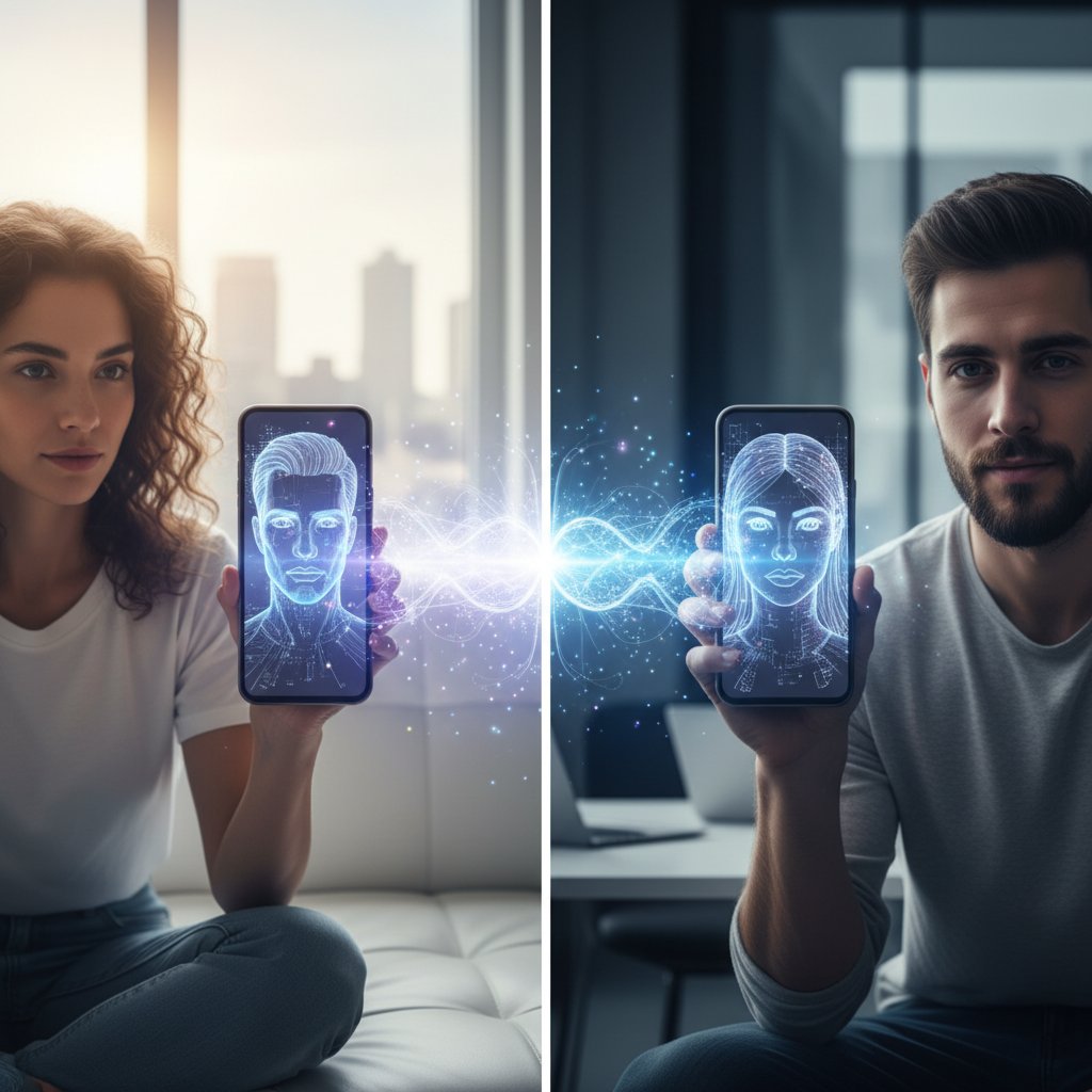 Paar im Halbdunkel, einer hält ein Smartphone mit einem weiblichen KI-Avatar, beide wirken verbunden, aber getrennt durch das Display.