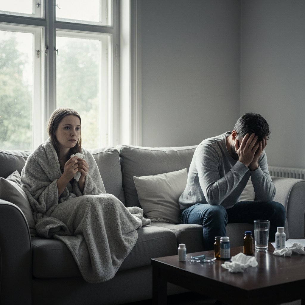 Para siedząca razem na kanapie, wyraźne napięcie i dystans, światło dzienne, słowa kluczowe: stres, relacje, choroba, konflikt