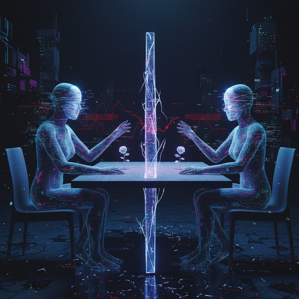 Para siedząca przy stole, jedno rozmawia z cyfrowym awatarem na ekranie, drugie wyraźnie wycofane