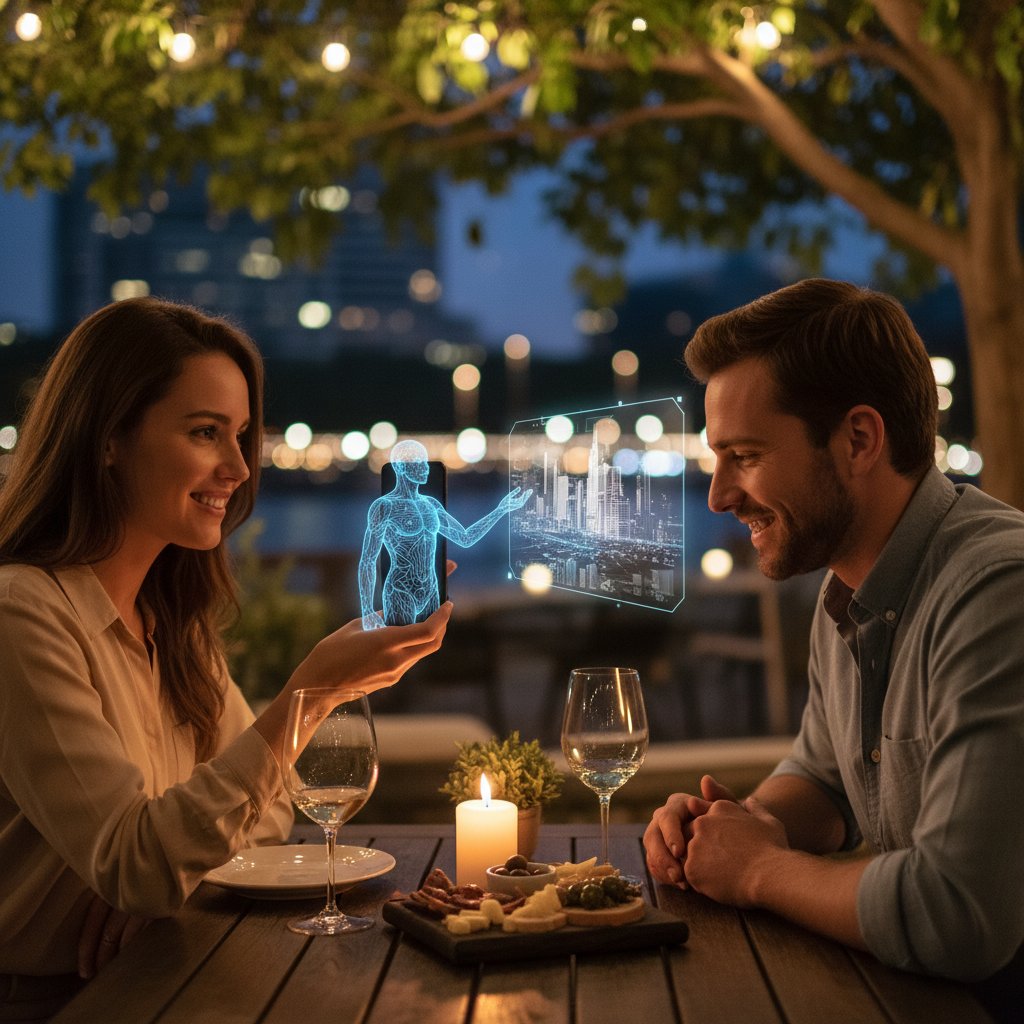 Para przy stole, rozmawiająca przez smartfon z AI partnerem, atmosfera wieczorna