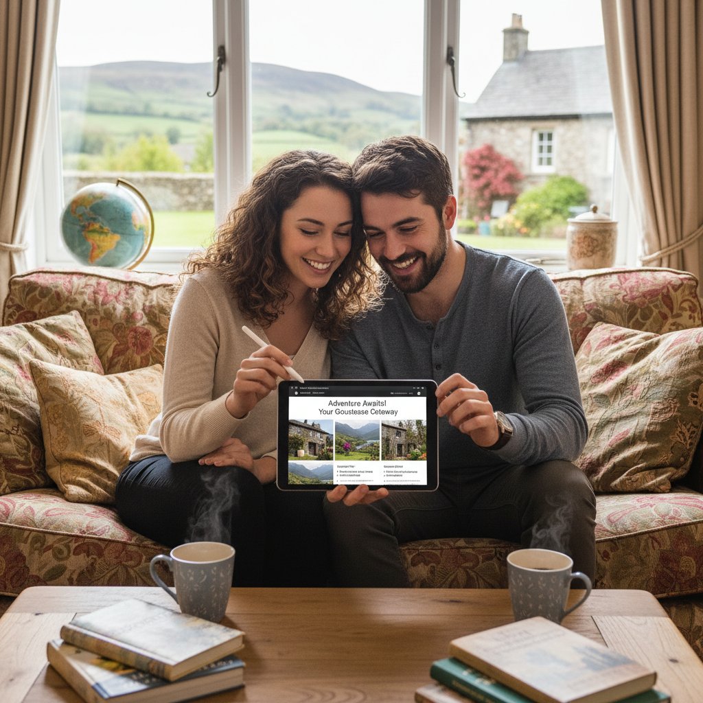 Para planująca podróż i analizująca oferty pensjonatów na tablecie