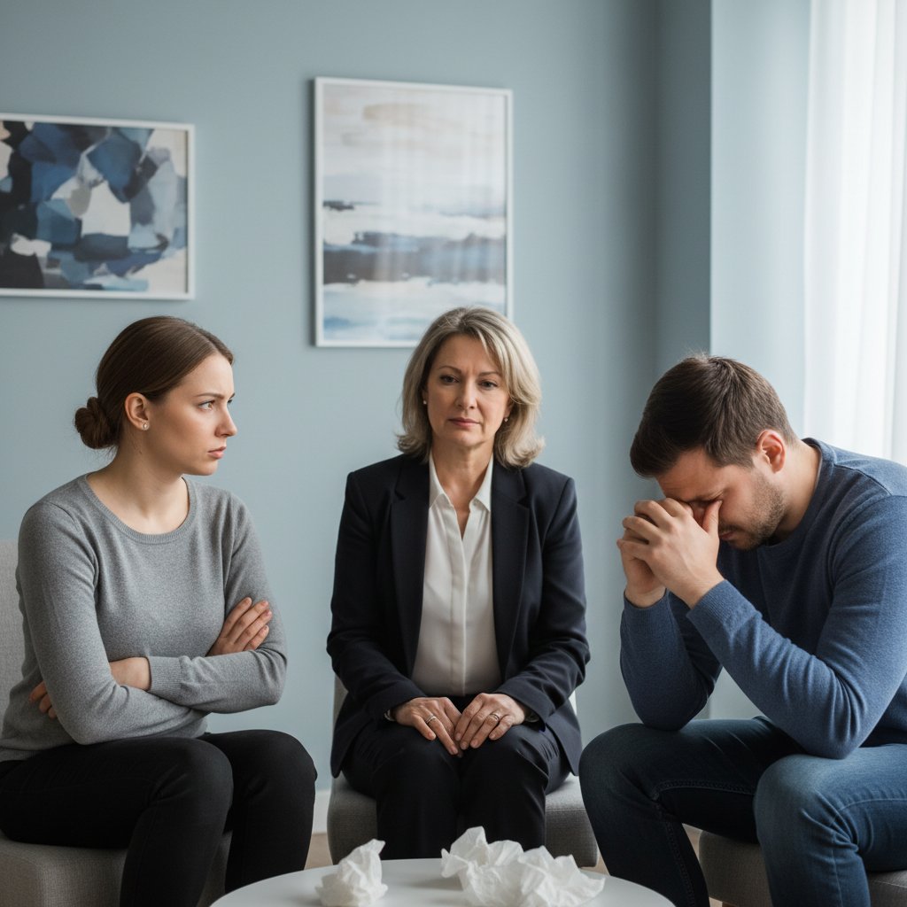 Zdjęcie pary rozmawiającej podczas sesji terapeutycznej, z widocznym napięciem emocjonalnym