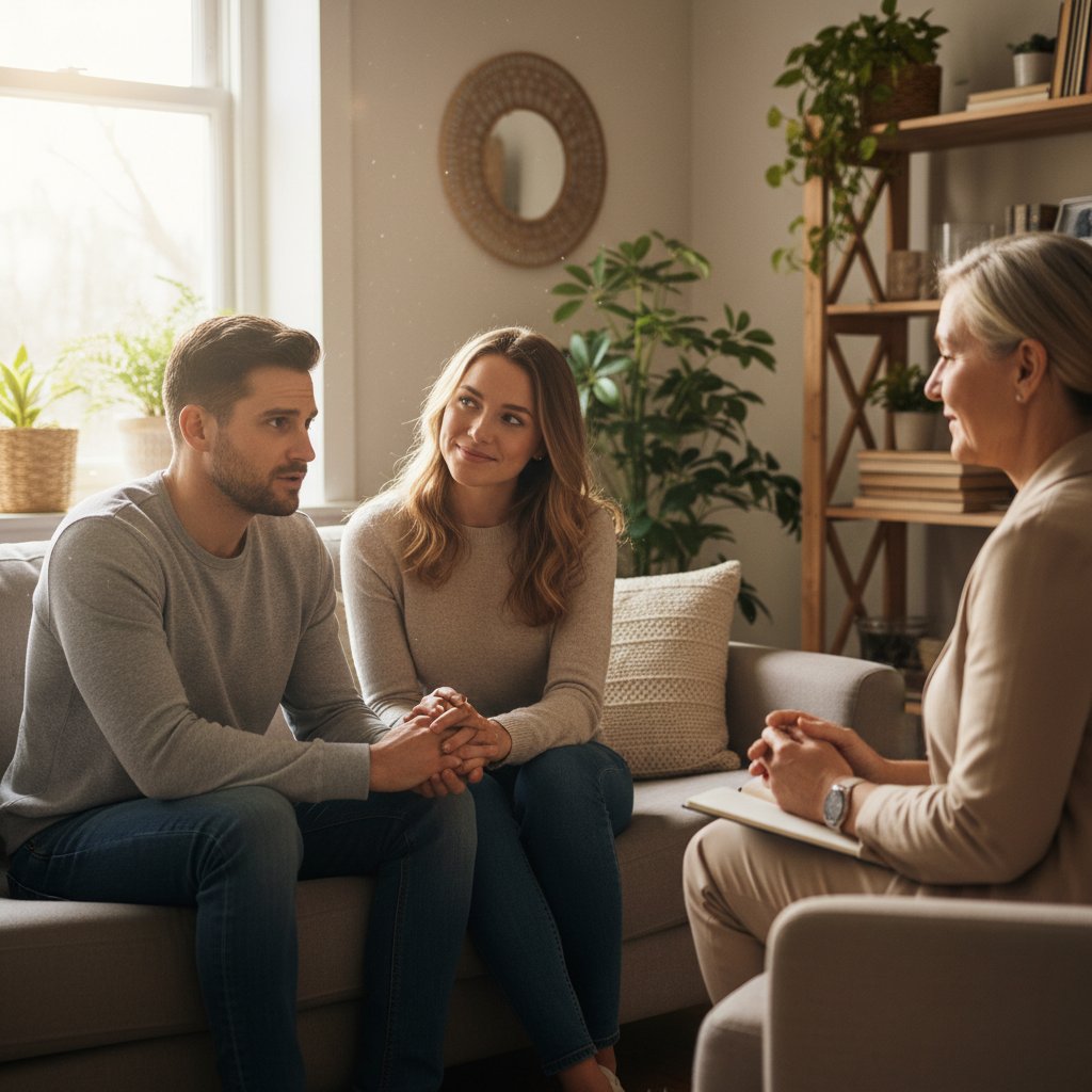 Para podczas spotkania terapeutycznego, jeden słucha uważnie, drugi mówi z pasją – symbol wsparcia i autentyczności
