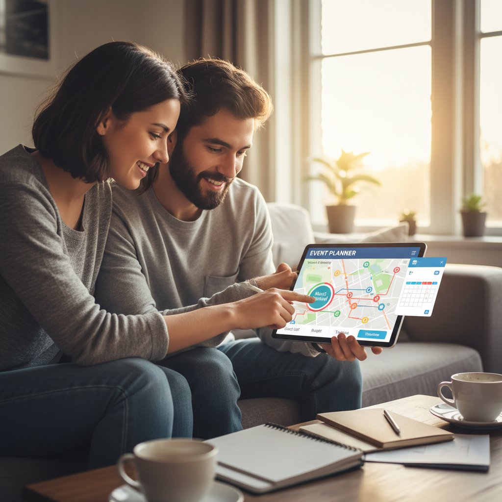 Mężczyzna i kobieta korzystający z aplikacji mobilnej do wyboru miejsc integracji, ekran smartfona z mapą