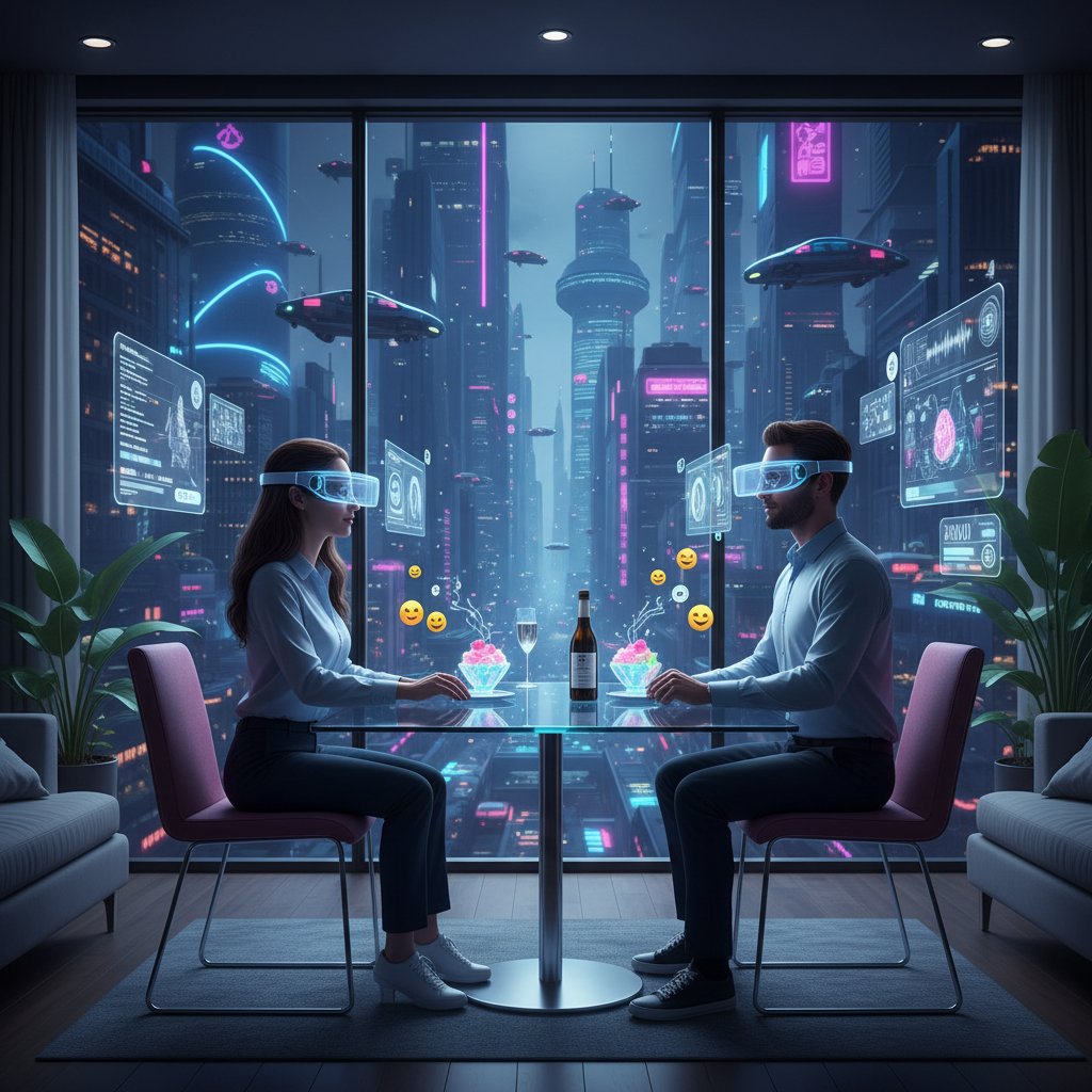 Couple experiencing a virtual date with advanced technology, augmented reality, futuristic dating trends, first relationships