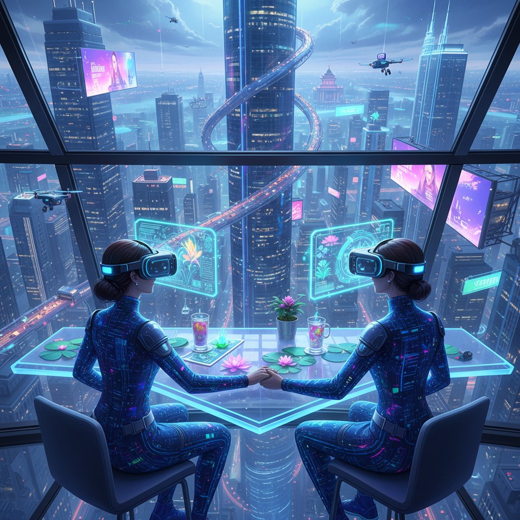 Paar erlebt VR-Date, innovative Technologie, Zukunftsambiente, Blick auf Stadt bei Nacht