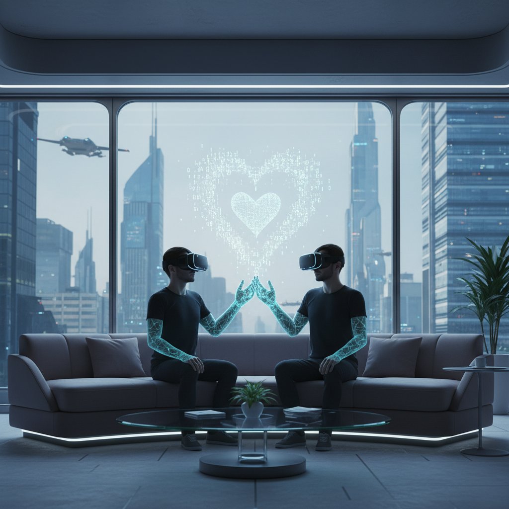 Paar trägt VR-Brillen, hält virtuell Händchen, futuristische Wohnzimmer-Atmosphäre, Symbol für digitale Intimität