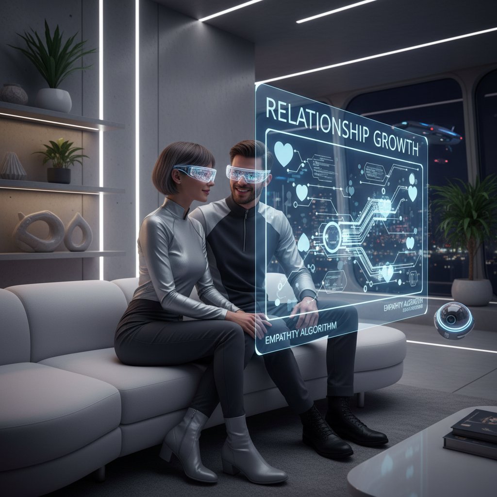 Couple using wearable tech and AR glasses for relationship coaching, futuristic living room, connected but present, innovation