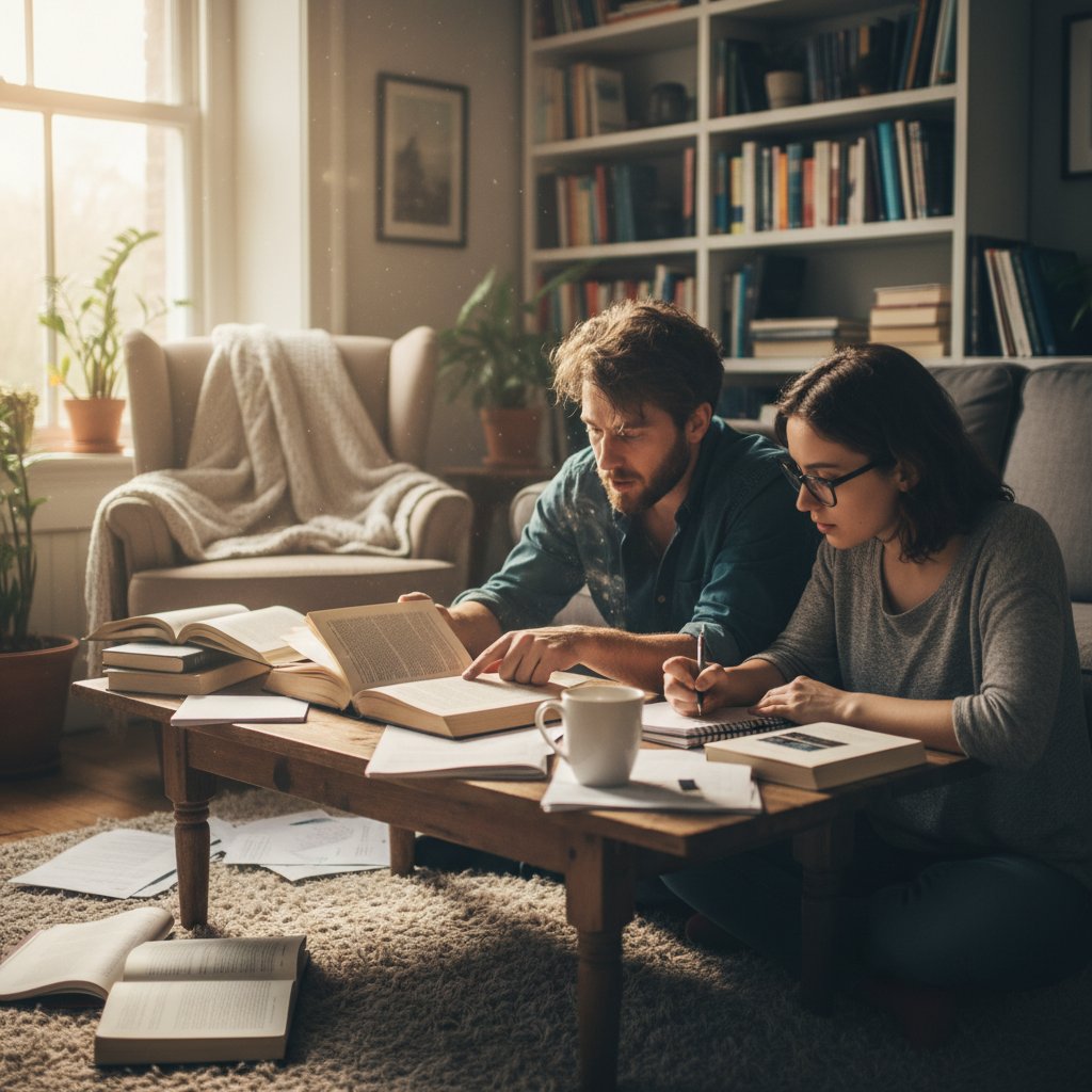 Mężczyzna i kobieta analizują notatki o książkach, laptop, spokojna domowa atmosfera