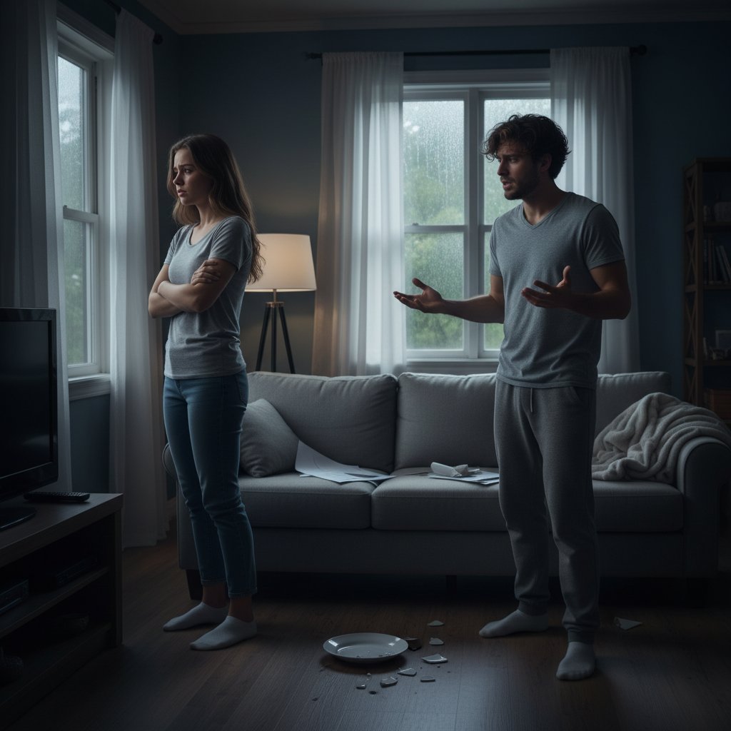 Para rozmawiająca przy stole, między nimi napięcie i zimne spojrzenia, symbol relacyjnej manipulacji