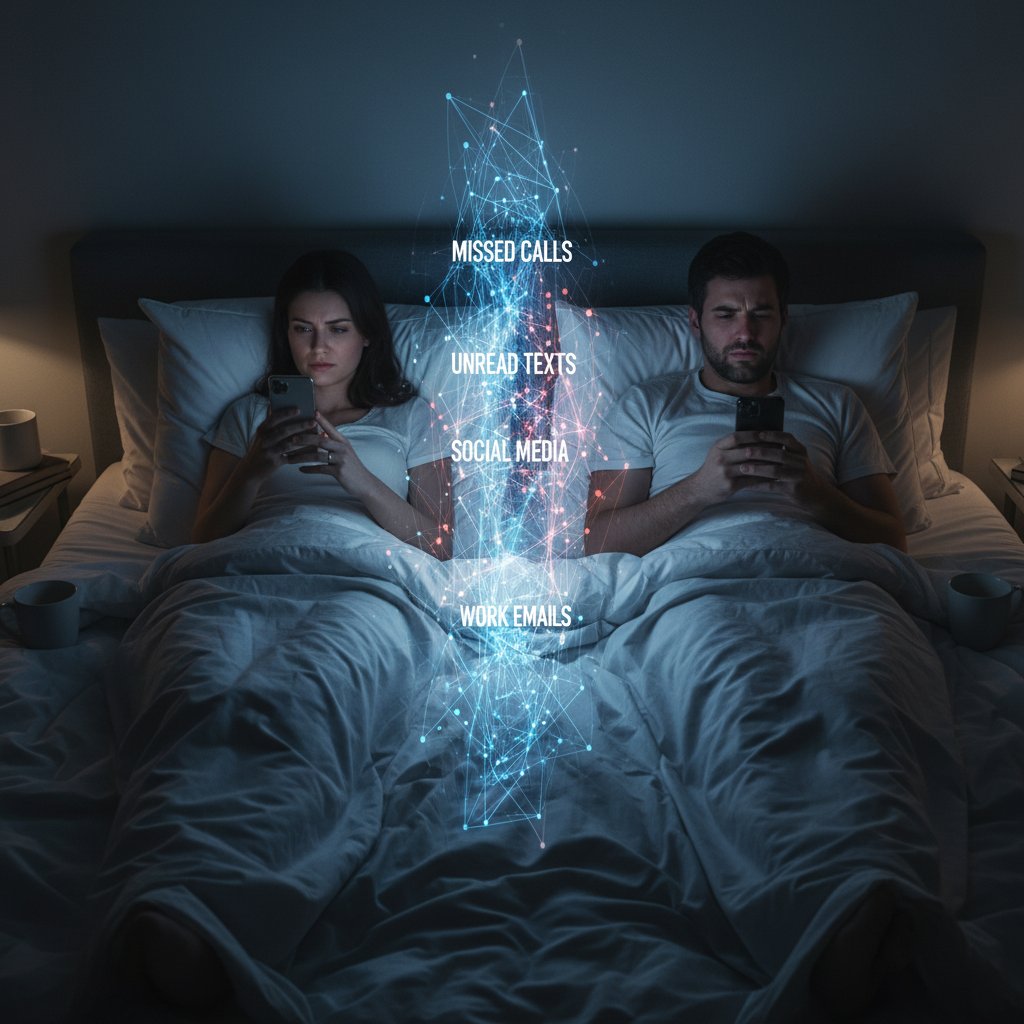Couple in bed, both on their phones, digital disconnect in marriage