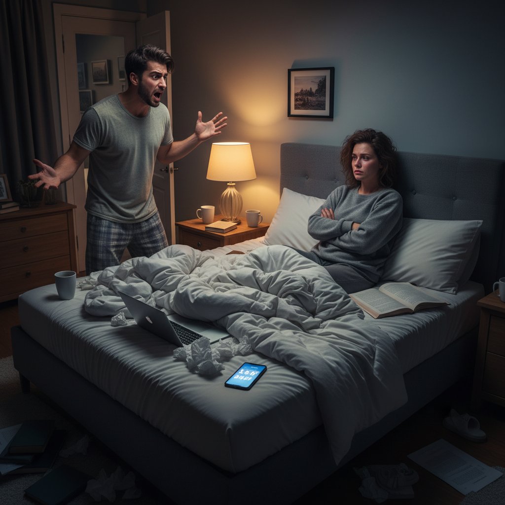 Para kłócąca się w sypialni, zmęczone twarze, napięcie spowodowane brakiem snu