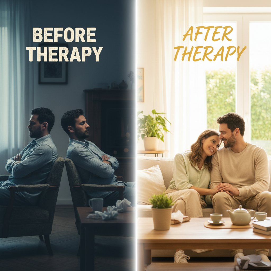 Para przed i po terapii – kontrastująca scena z napięciem i nadzieją