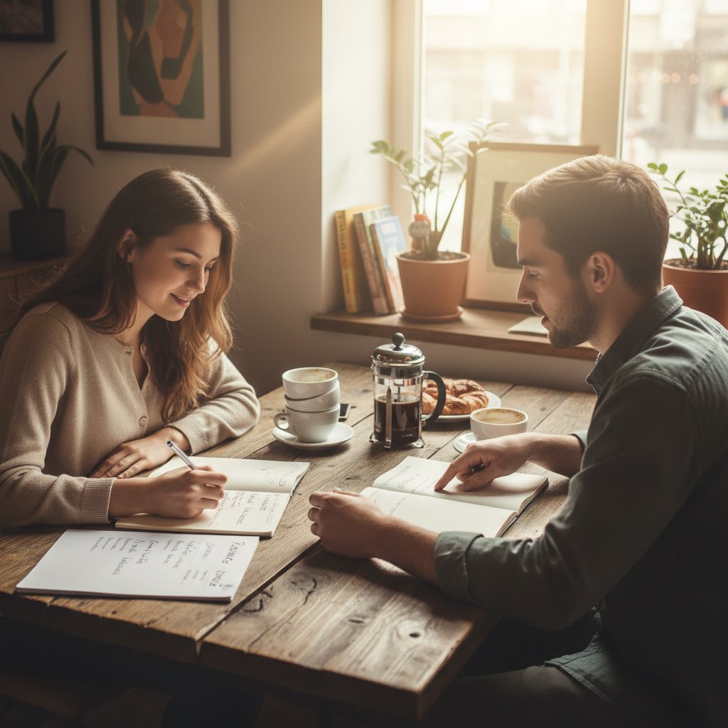 Couple brainstorming on a couch with notebooks and coffee, co-designing their romance routine