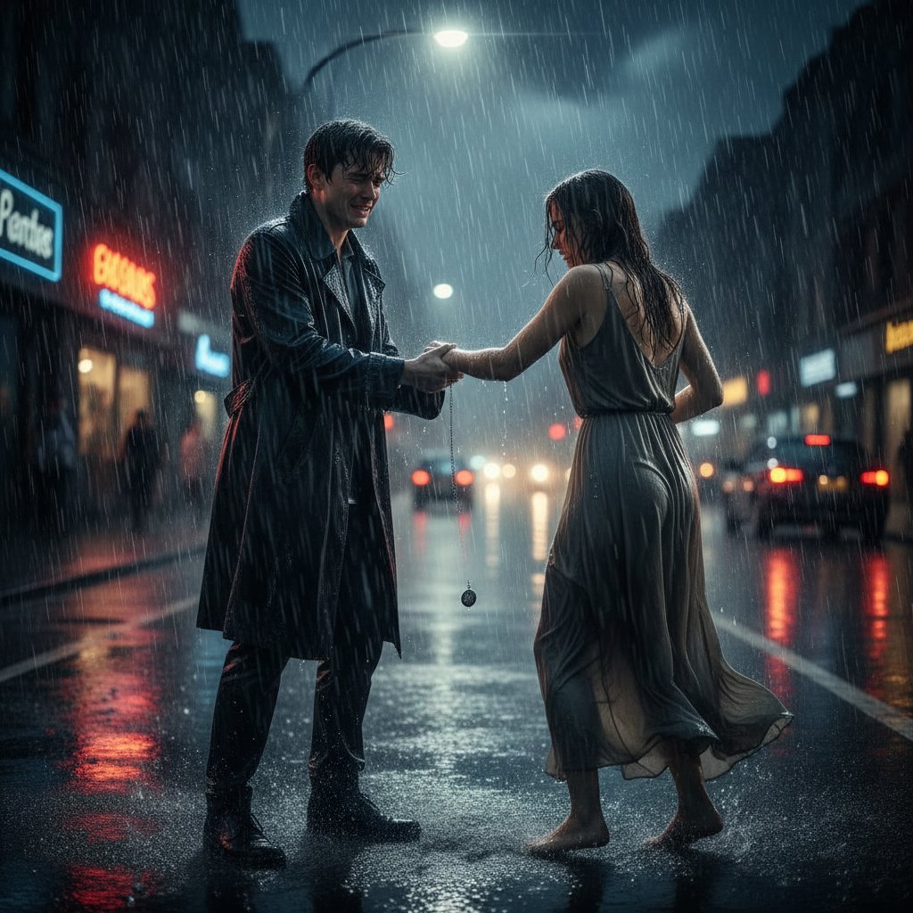 Couple breaking up in cinematic rain, symbolic of subversive romantic movies
