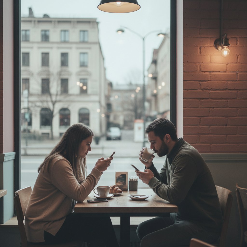 A couple distracted by their phones, ignoring each other in a cafe