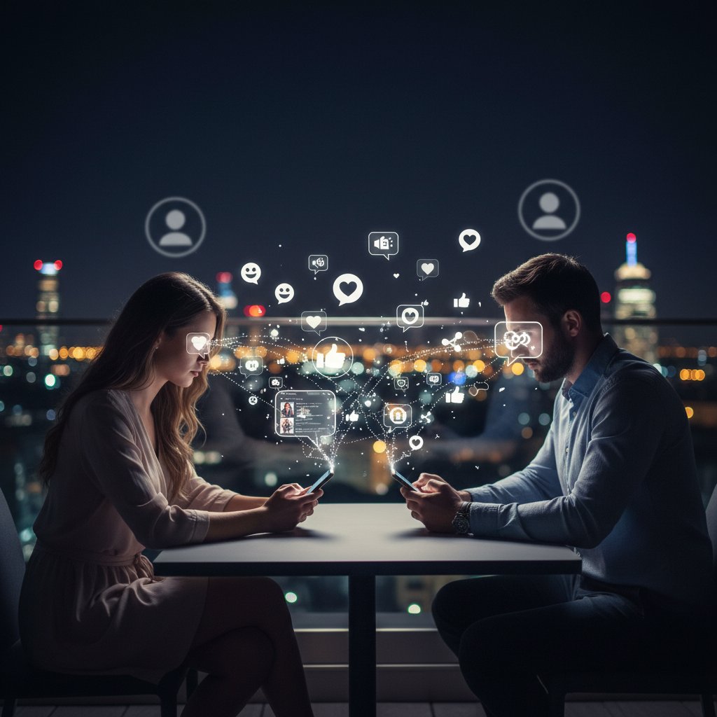 Pärchen chattet abends anonym am Smartphone, Mainstream digitaler Beziehungen