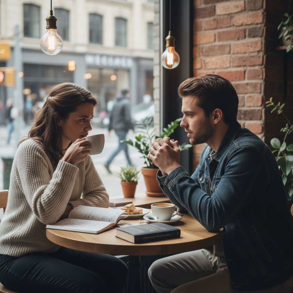 Couple discussing relationship strategies at urban café, authentic emotions, relationship dating strategies
