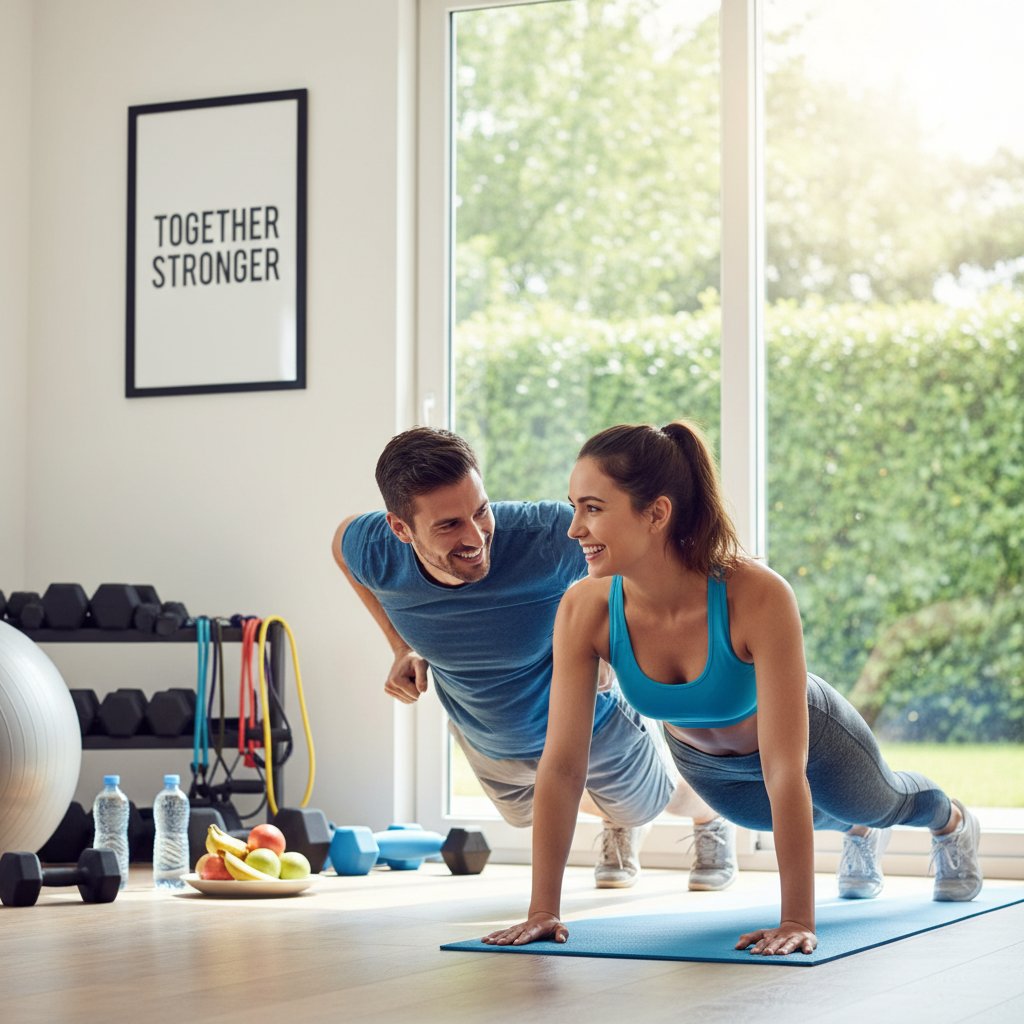 Para uprawiająca sport razem, uśmiechnięci, wsparcie motywacyjne