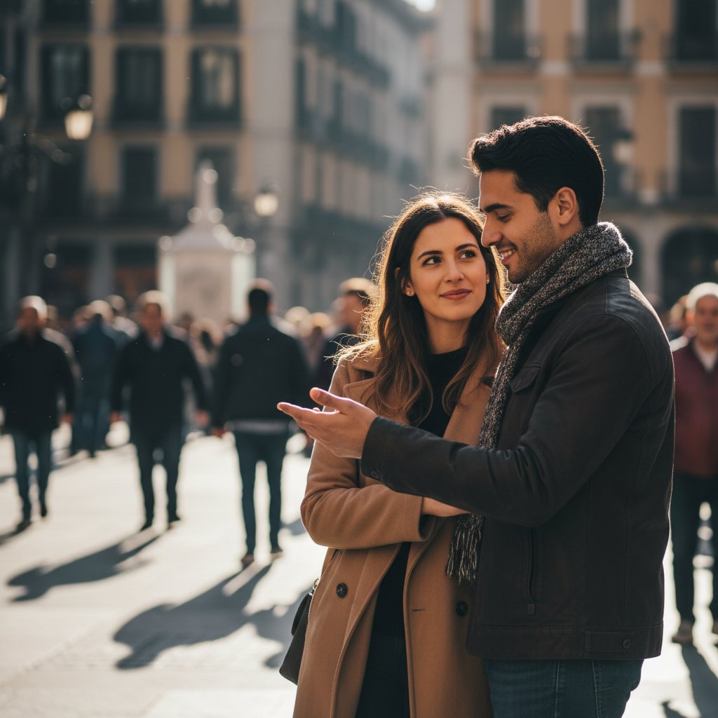 Close-up of a couple exchanging subtle glances in a crowded space—emotional fluency and relationship communication in action