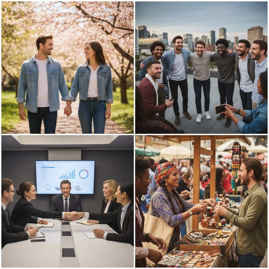 Para trzymająca się za ręce, grupa przyjaciół i biznesowe spotkanie – trzy sceny symbolizujące różne scenariusze wymiany społecznej